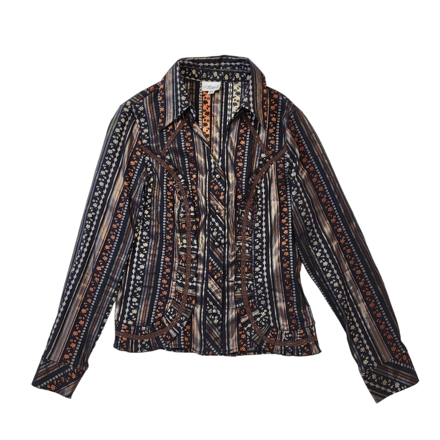 Almax Y2K Vintage Black & Brown Retro Floral Button Up Blouse Women's 14