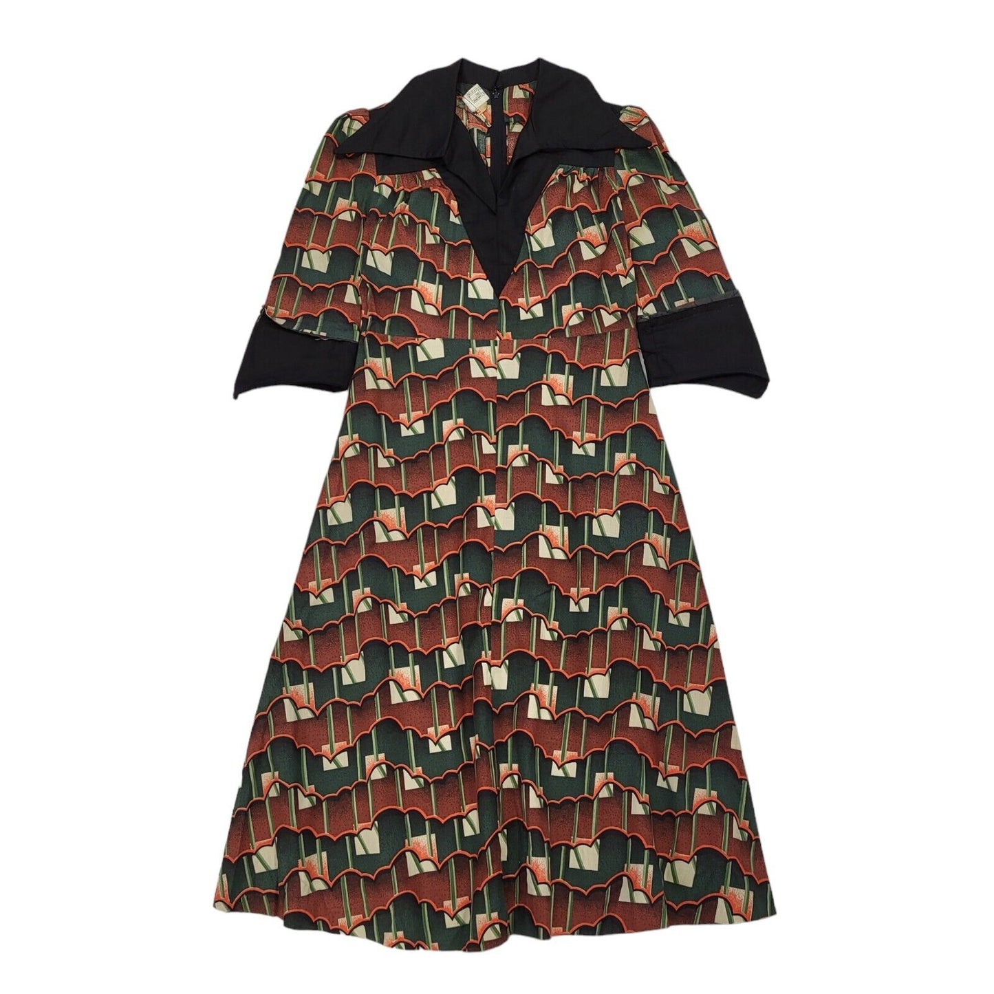 70s Vintage Brown & Green Geometric Collared Daywear Dress Women's UK 8
