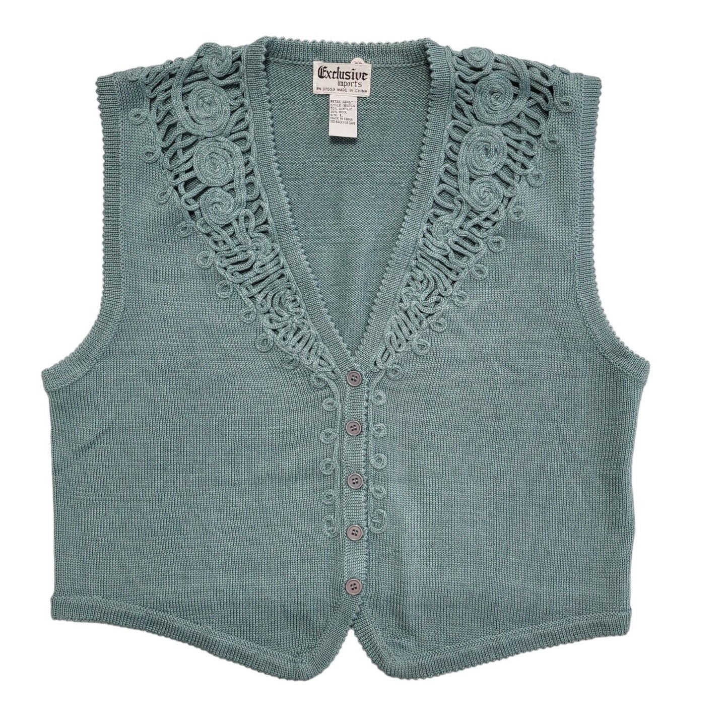 80s Vintage Green Button Sleeveless Knitted Cardigan Uk Women's Size Large