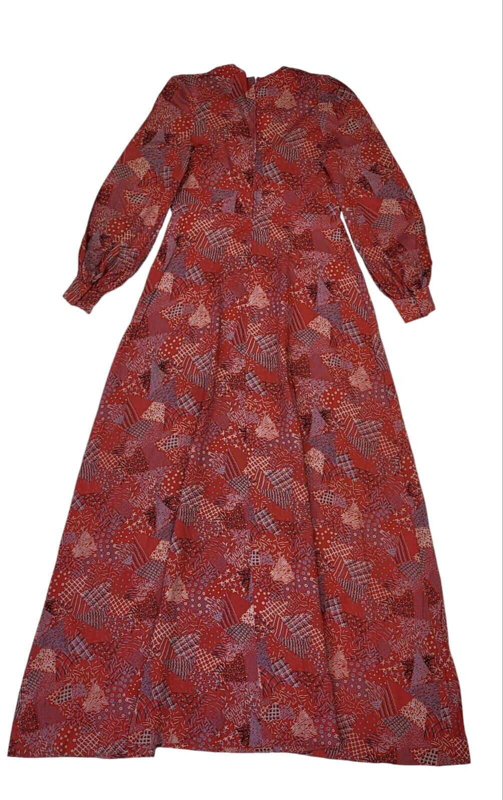 70s Vintage Red Patterned Cuffed Sleeve A-Line Maxi Dress Women's 12