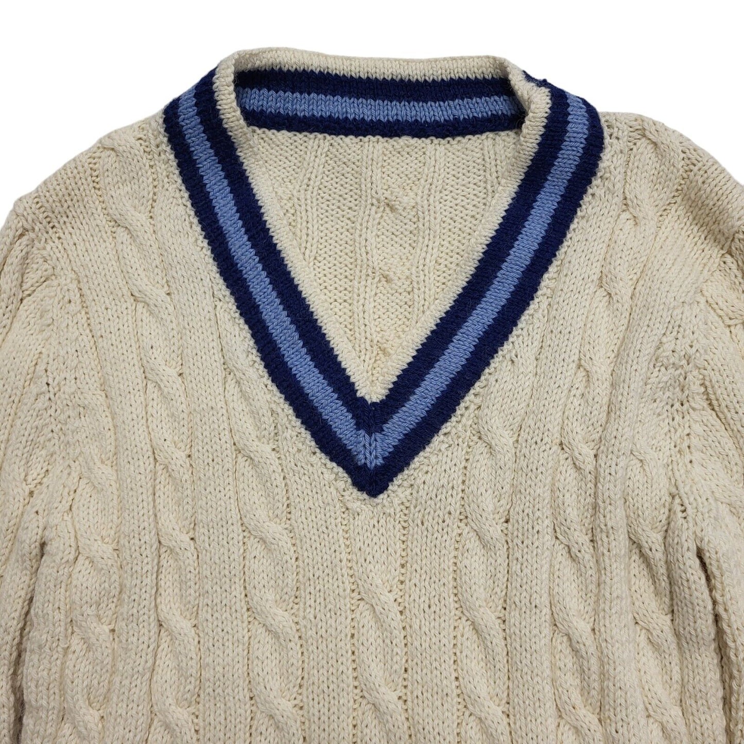 90s Vintage Cream Blue Acrylic V-Neck Cricket Jumper Uk Women's Size Small