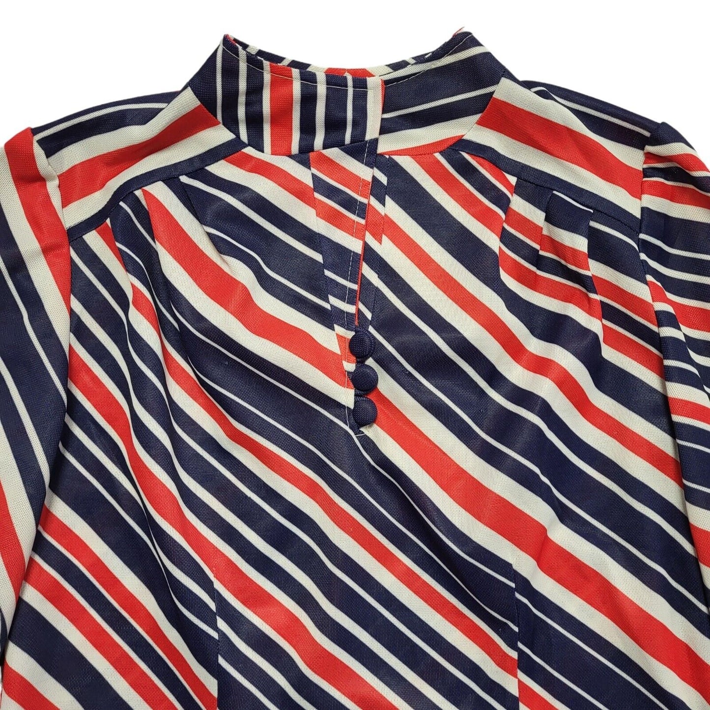 70s Vintage Red, White & Blue Striped High Neck Shift Dress Women's 14