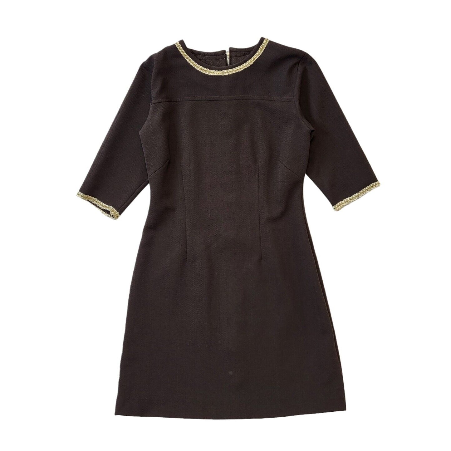 70s Vintage Brown Shift Dress With Gold Trim Women's Size 12