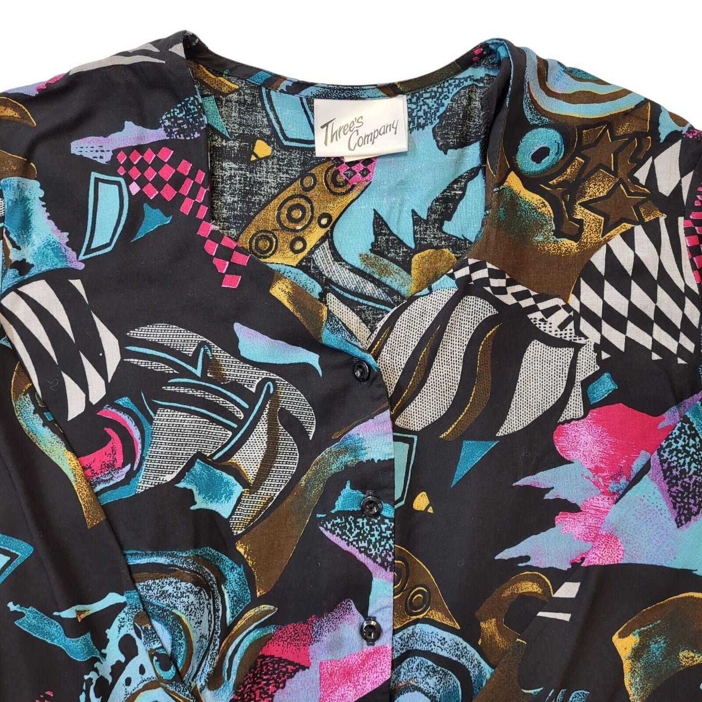 Three's Company 90s Vintage Black Blue 3/4 Sleeve Blouse Women's Size 14 Eu 42