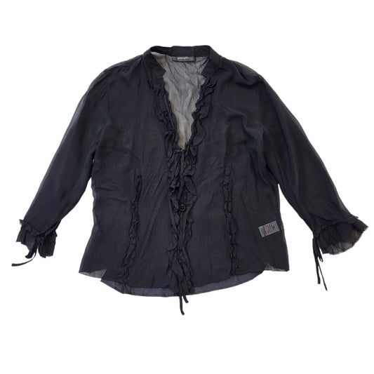 Principles Y2K Black Sheer Tie Front  Ruffle Blouse Women's 14