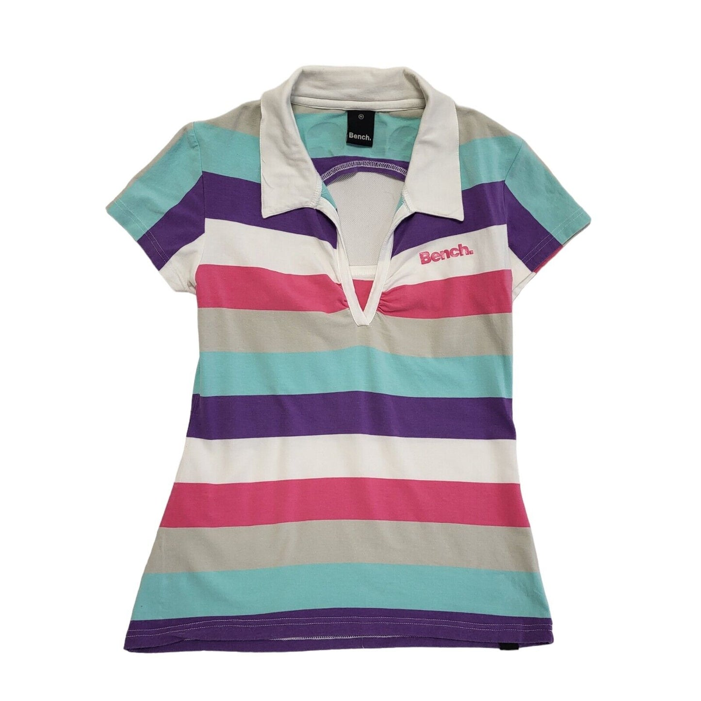Bench Vintage 90's Multicoloured Striped Collared Backless T-Shirt Womens Size M
