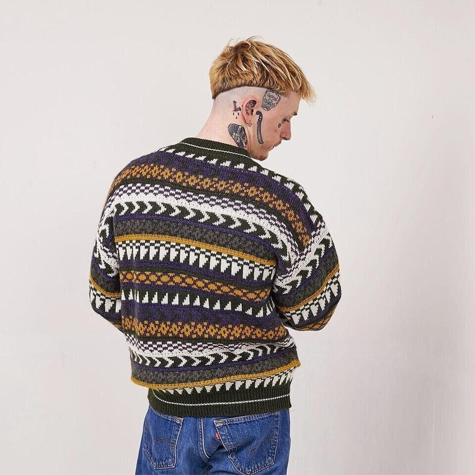Elliott Bay Green White Vintage 90s Crew Neck Jumper Uk Men's Size M