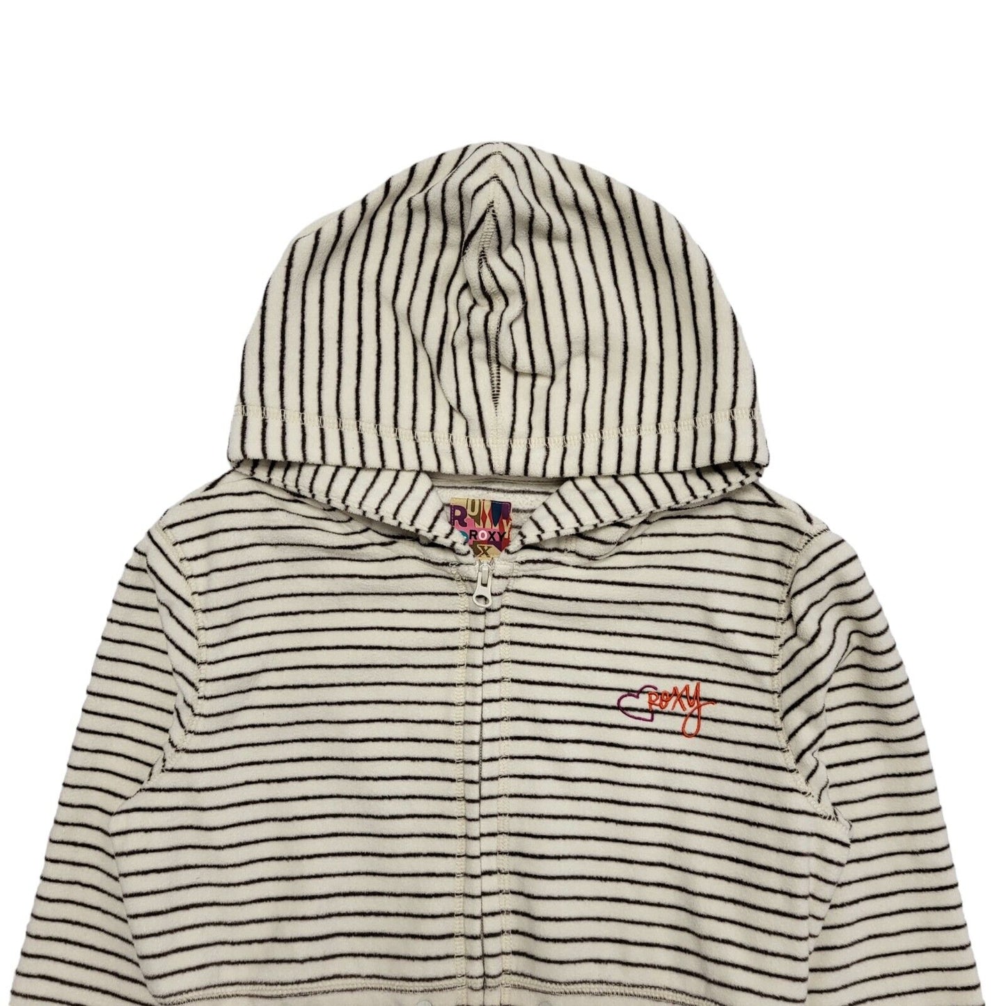 Roxy Vintage Y2K Hooded  Fleece  Beige Striped Full Zip Womens UK Large