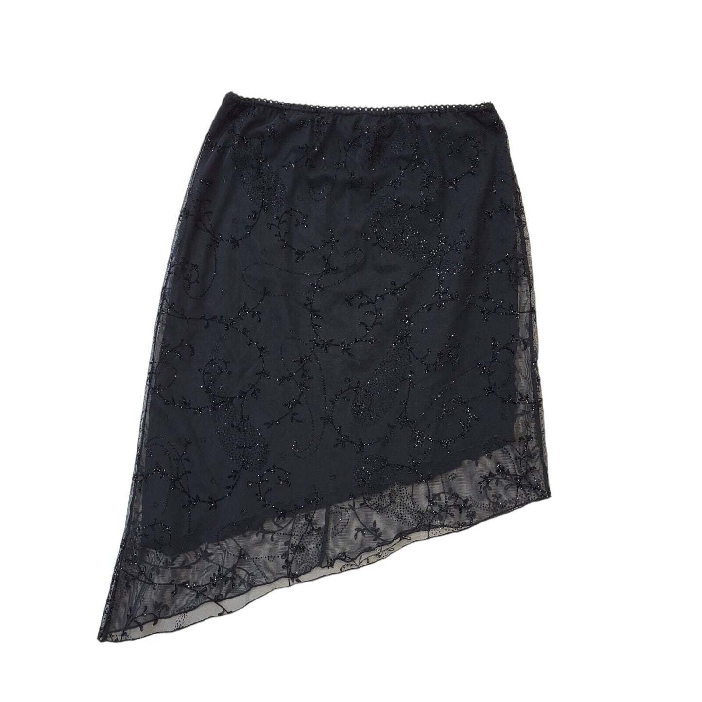 Lipsy Vintage Y2K Black Glitter Print Asymmetrical Skirt Women's Size M/L