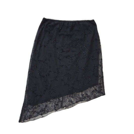 Lipsy Vintage Y2K Black Glitter Print Asymmetrical Skirt Women's Size M/L