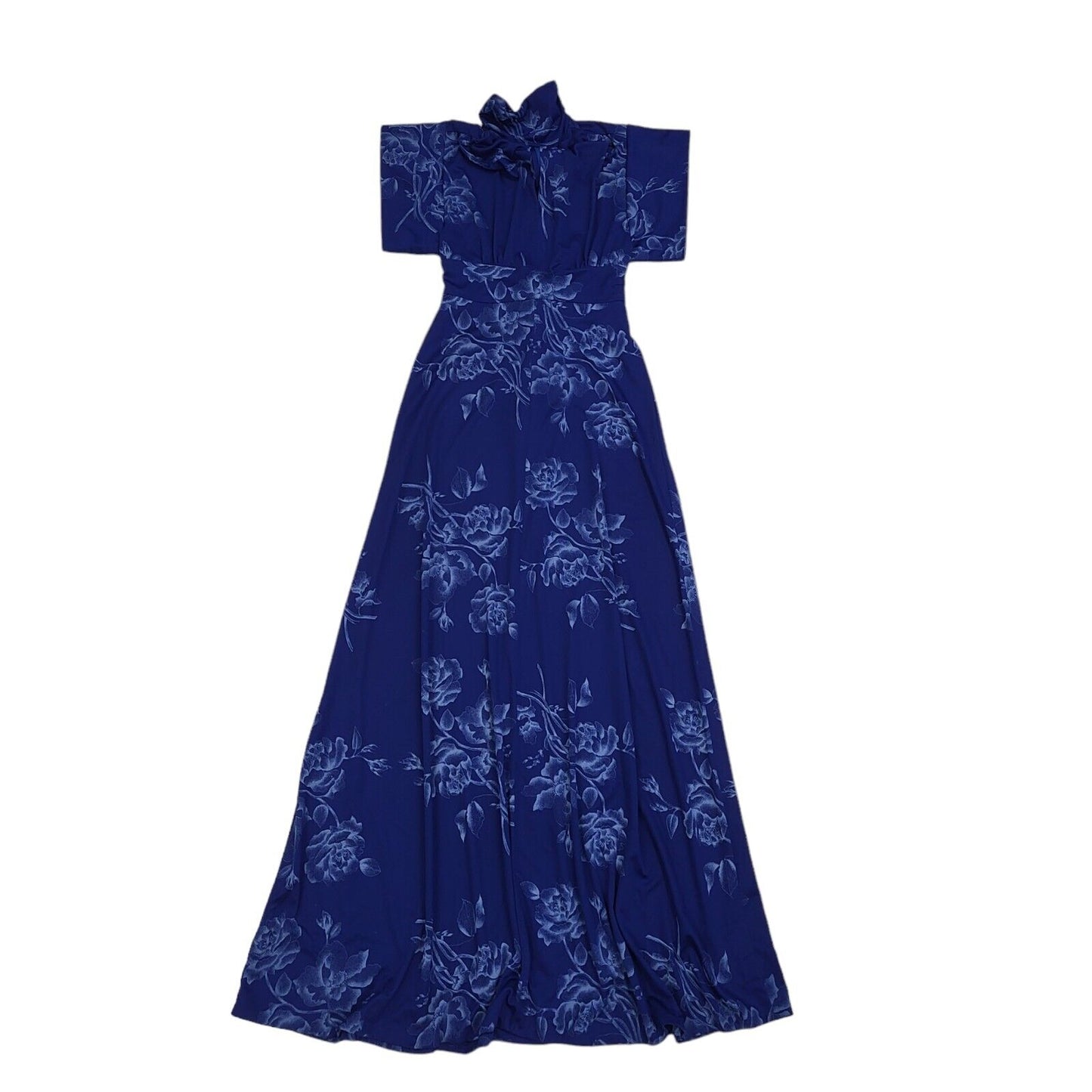 70s Vintage Blue & White Floral High Neck Maxi Dress Women's 4 (Tall)