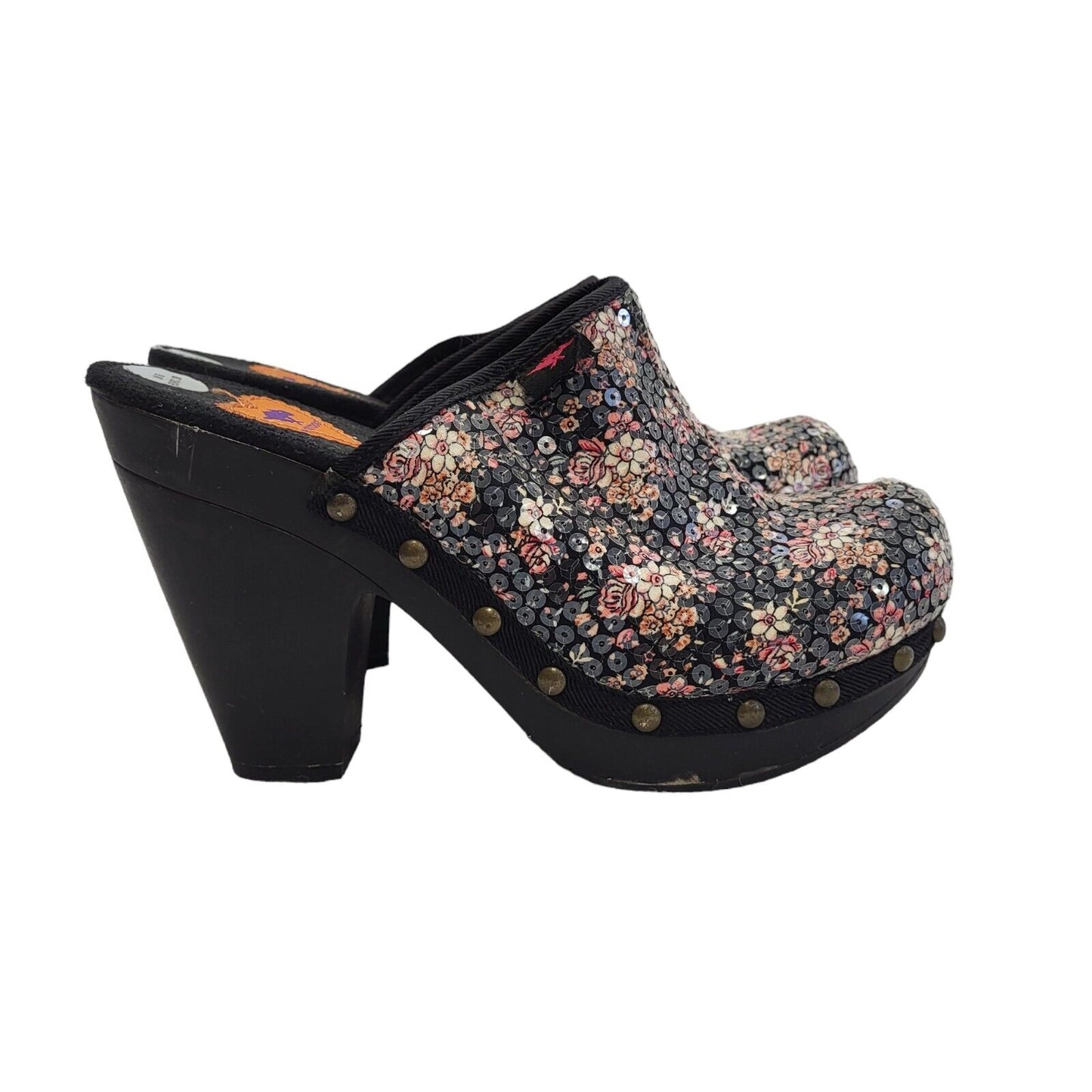 Rocket Dog Black Pink Floral Slip-on Heels Shoes Uk Women's Size 6