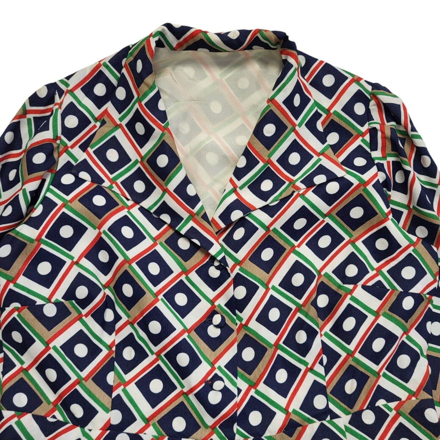 70s Vintage Blue, White, Green & Brown Geometric Collared Dress Women's 14