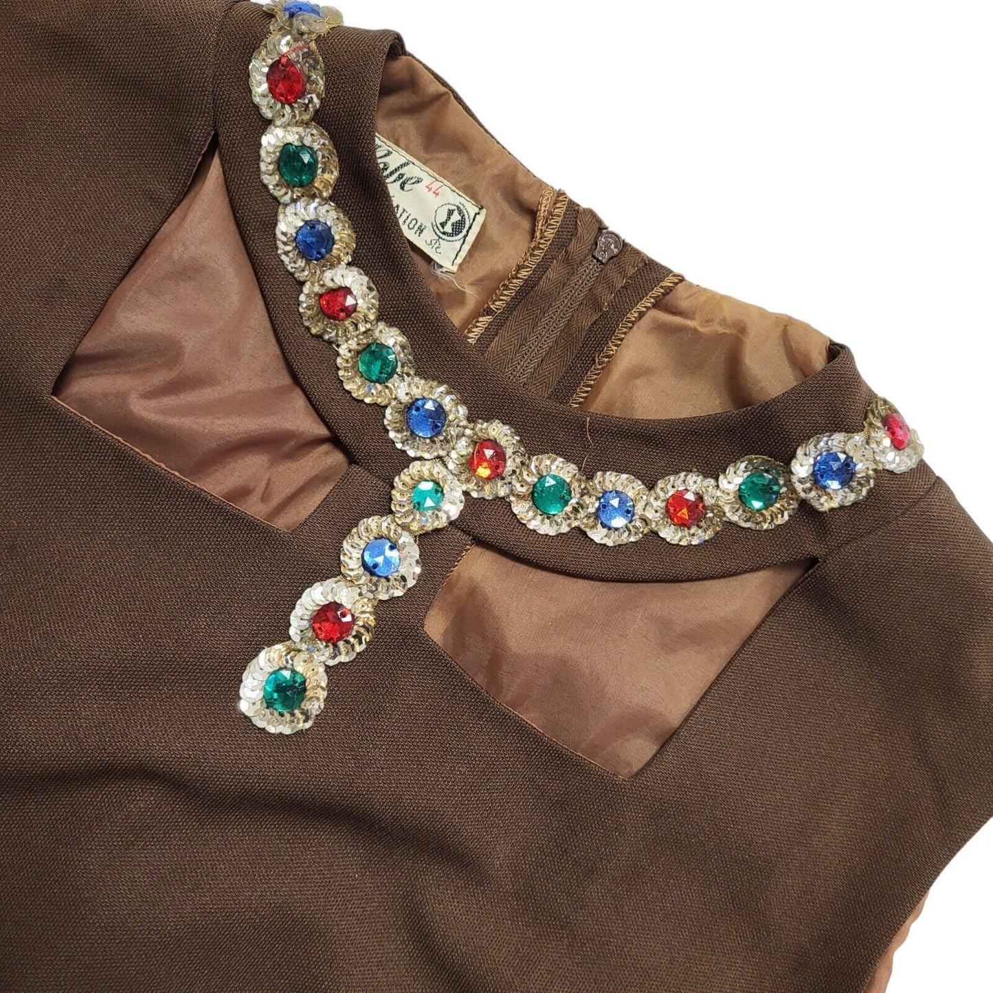 70s Vintage Ma Robe Brown Jewelled Neck Shift Dress Women's 12