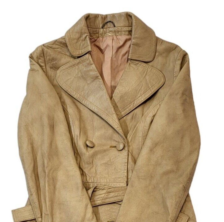Vintage 70s Vintage Beige Belted Button Up Leather Jacket Women's Size M