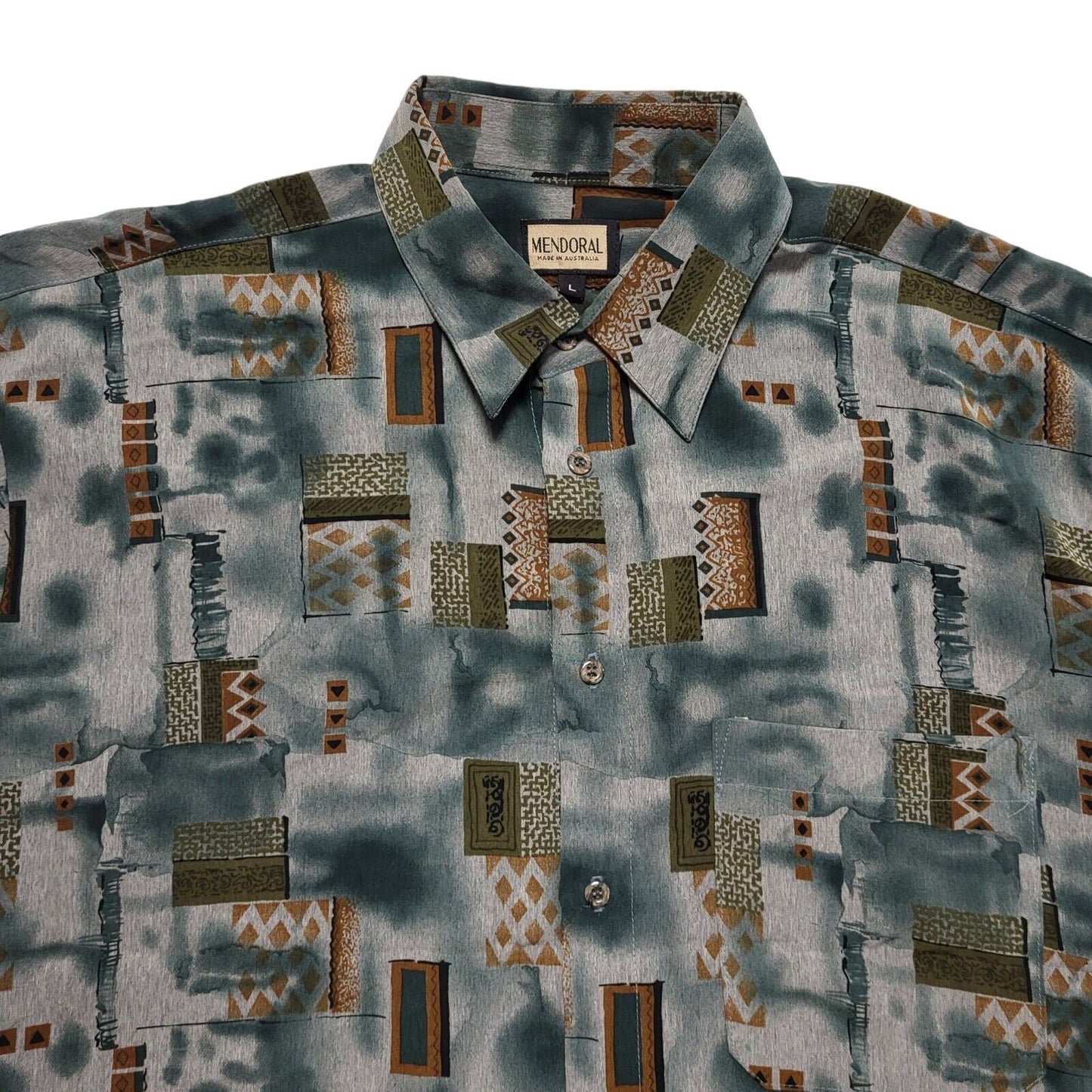 Mendoral 80's Green & Brown Retro Abstract  Short Sleeve Shirt Mens UK Size L