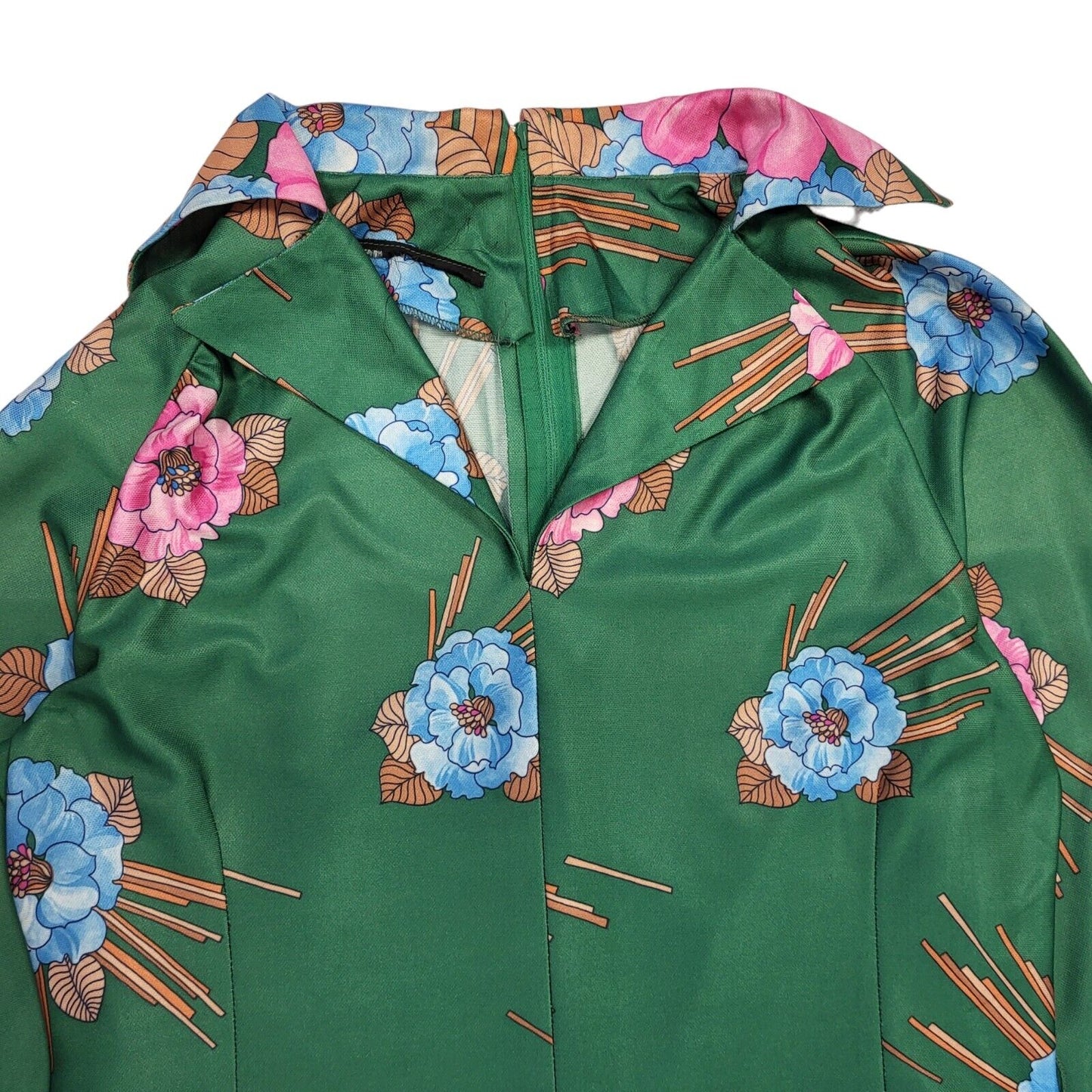 70s Vintage Green Floral V-Neck Collared Shift Dress Women's 12
