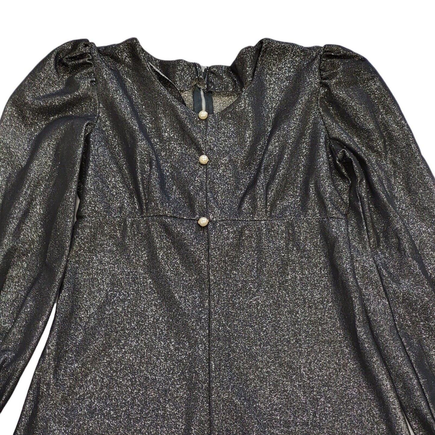 70s Vintage Black Sparkly Buttoned Balloon Sleeve Maxi Dress Women's Size 10