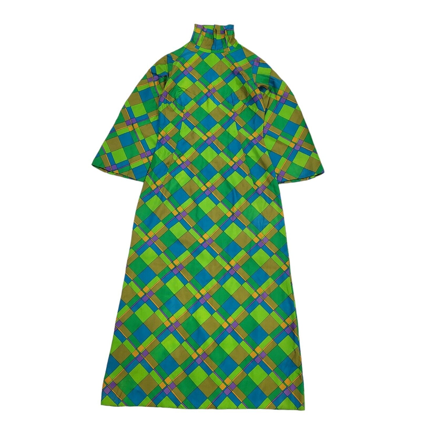 70s Vintage Green & Blue Geometric Zipped Shift Midi Dress Women's Size 10