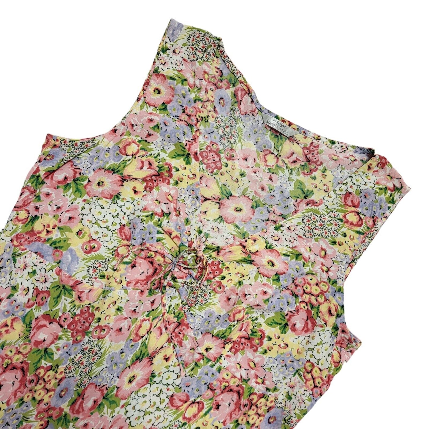 M&S Y2k Pink Yellow Floral Sleeveless Daywear Dress Uk Women's Size 12