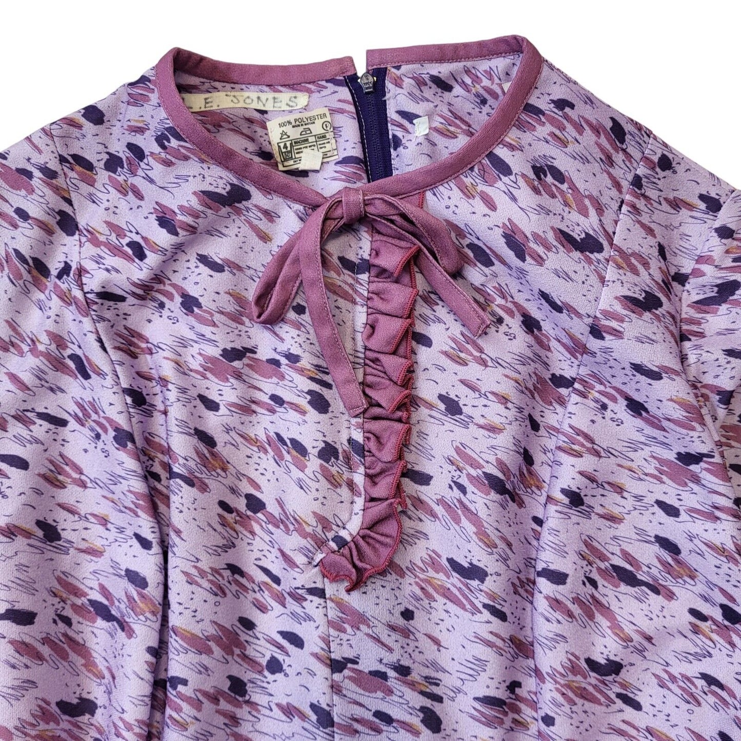 70s Vintage Purple Patterned Daywear Dress Women's Size 16 Eu 44