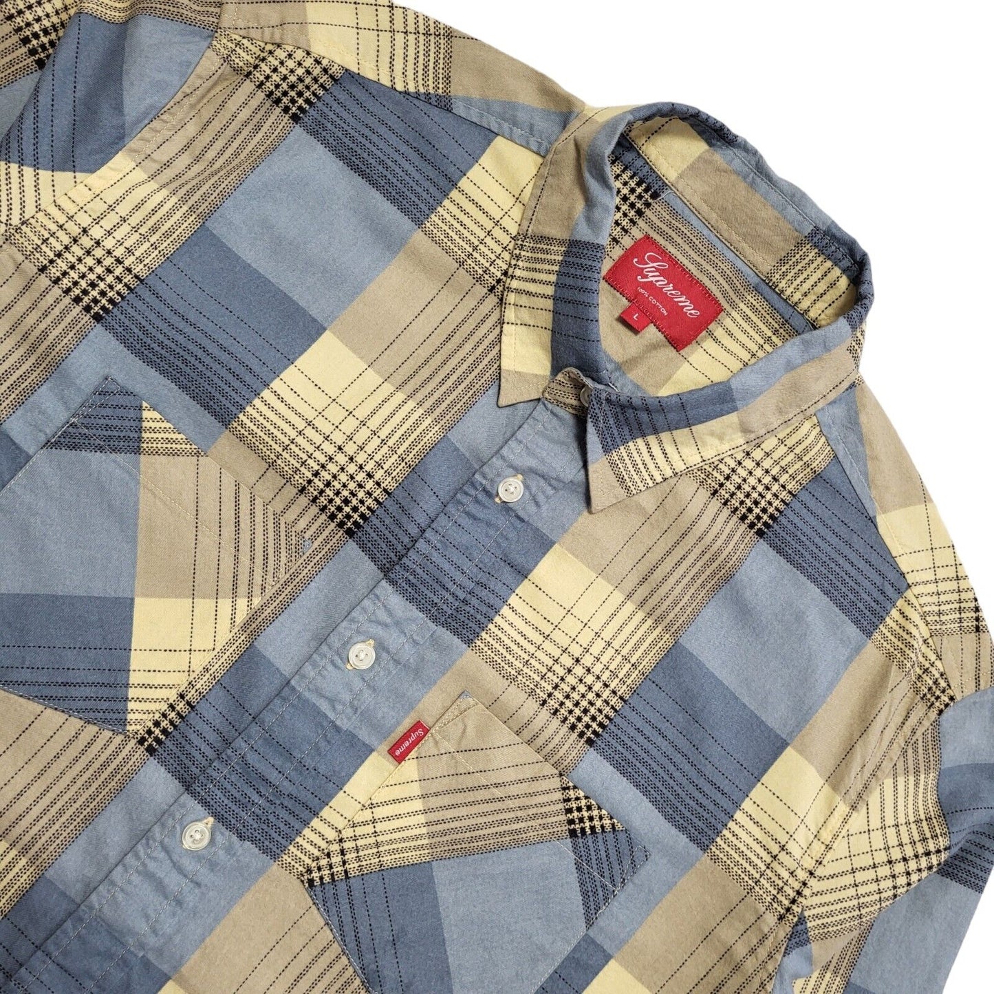 Supreme Y2K Vintage Blue & Beige Checked Long Sleeve Shirt Mens UK Size L