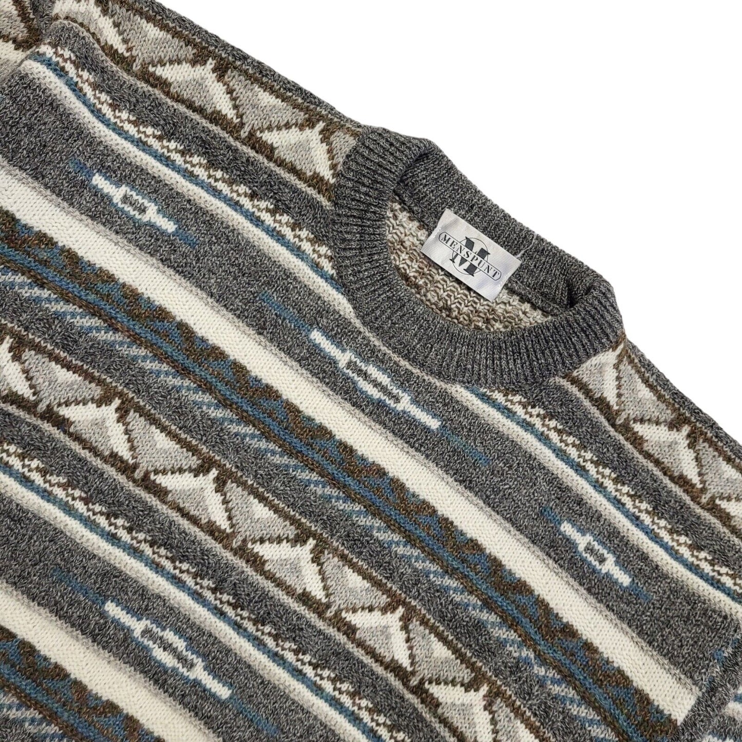 Menspunt Vintage 80s Grey Blue Geometric Crew Neck Jumper Men's UK L