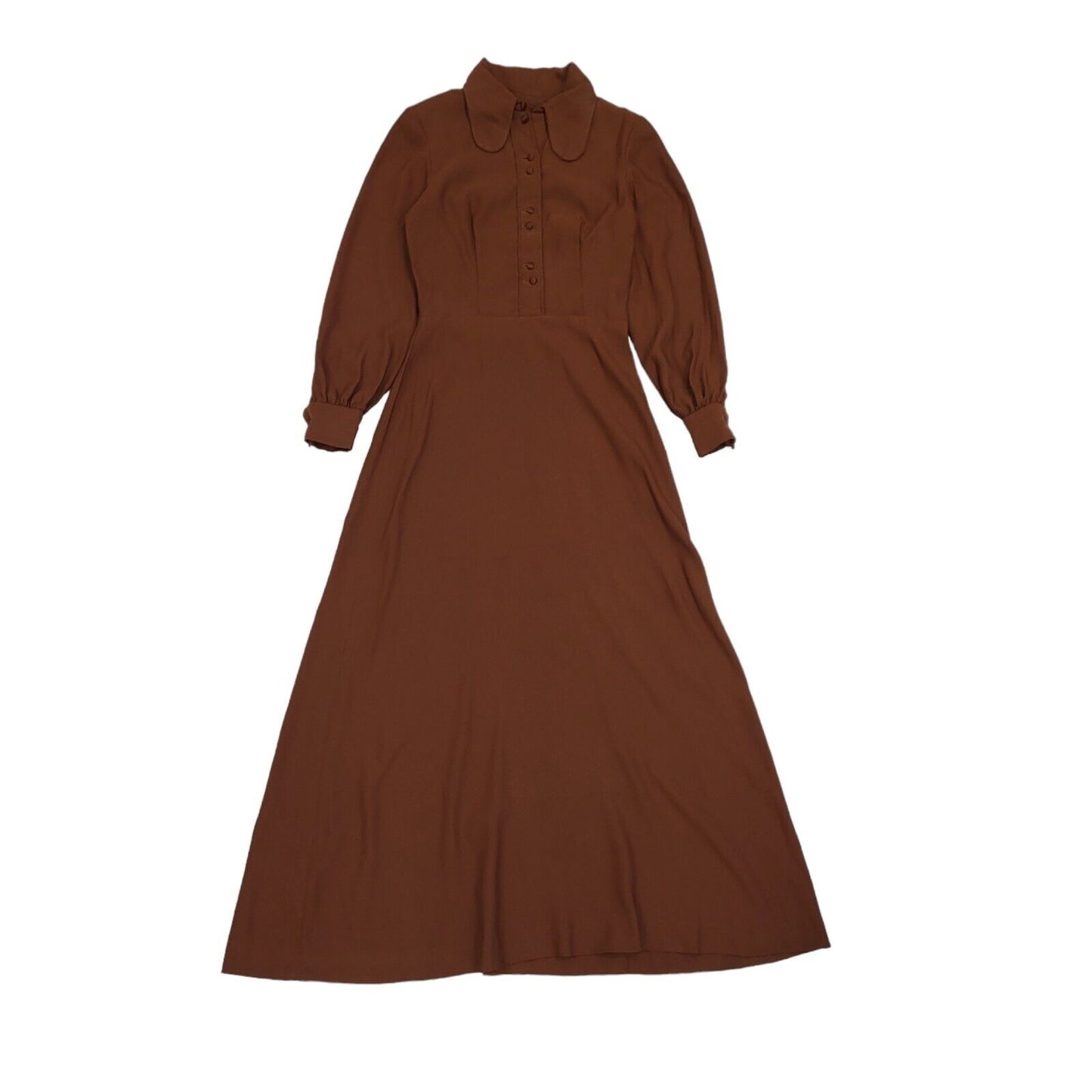 70s Vintage Brown Collared Long Sleeve Maxi Dress Women's 8