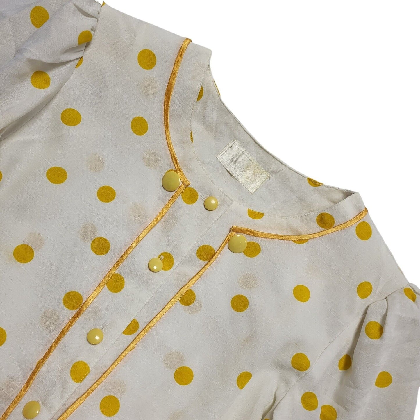 70s Vintage Dame Paris White Mustard Polka Dot Buttone Pleated Dress Women's 12