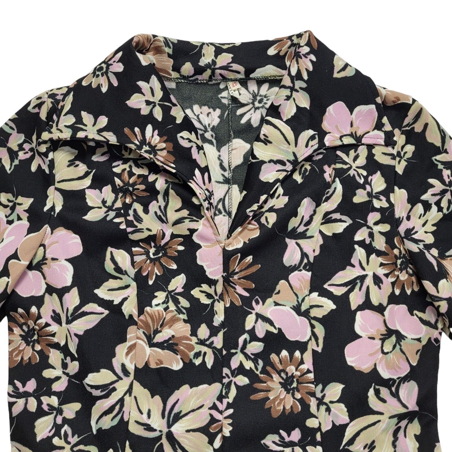 70s Vintage Black & Pink Floral V-Neck Daywear Dress Women's 12/14
