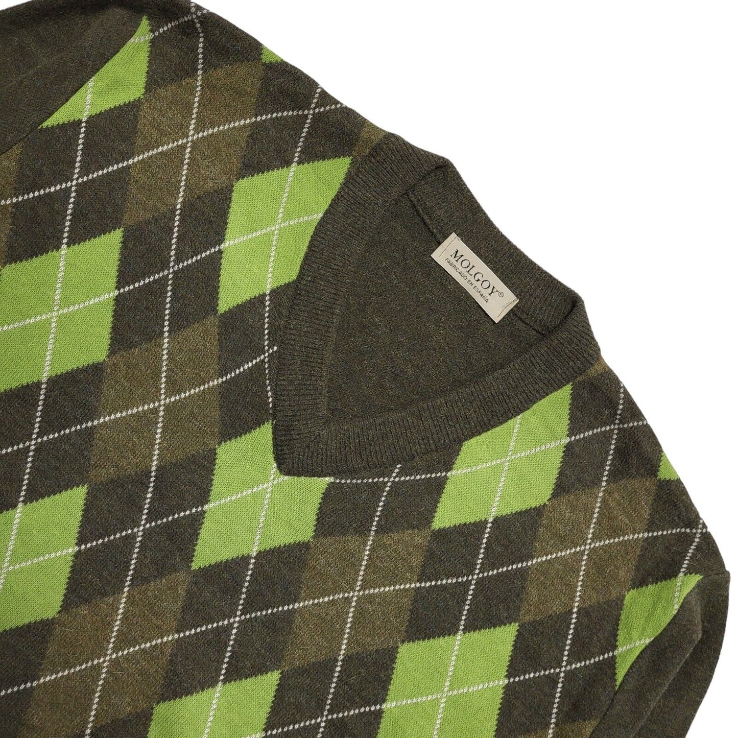 Molgoy Y2K Vintage Green Argyle Lambswool Blend V-Neck Jumper Men's Size XLarge