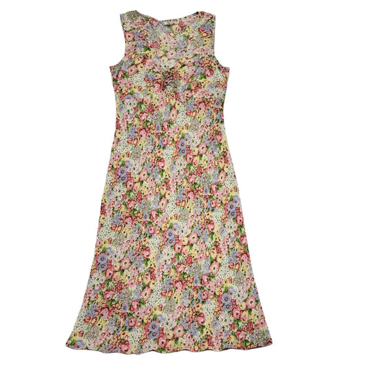 M&S Y2k Pink Yellow Floral Sleeveless Daywear Dress Uk Women's Size 12