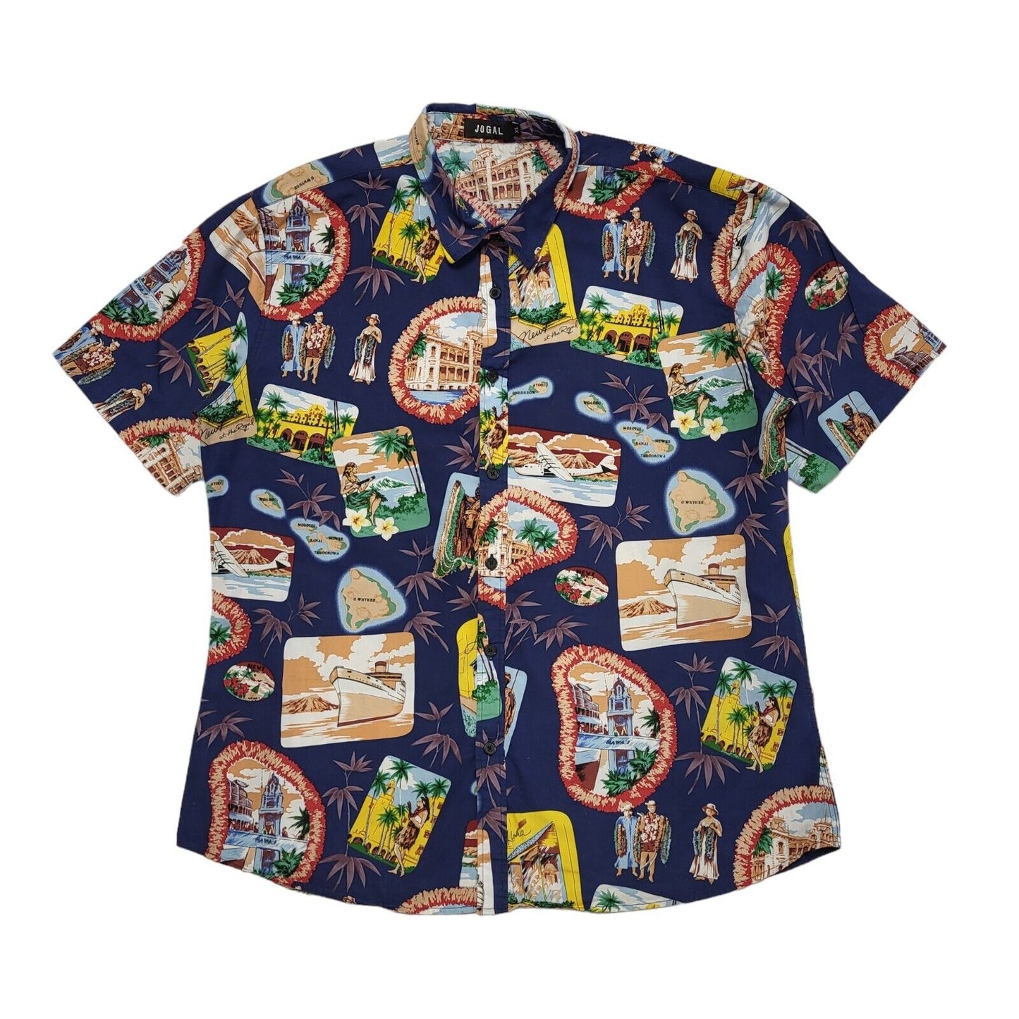 Jogal 90s Blue Holiday Theme Short Sleeve Shirt Uk Men's Size Extra Large