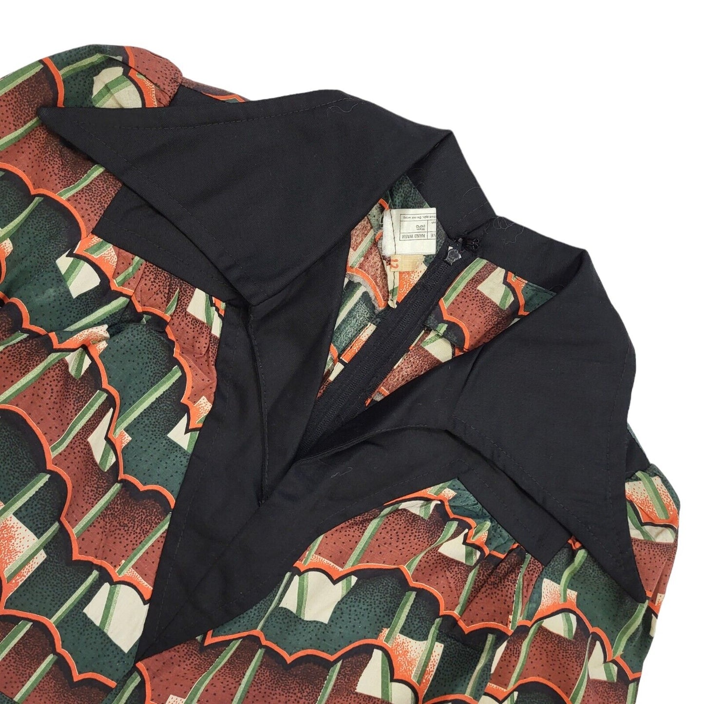 70s Vintage Brown & Green Geometric Collared Daywear Dress Women's UK 8