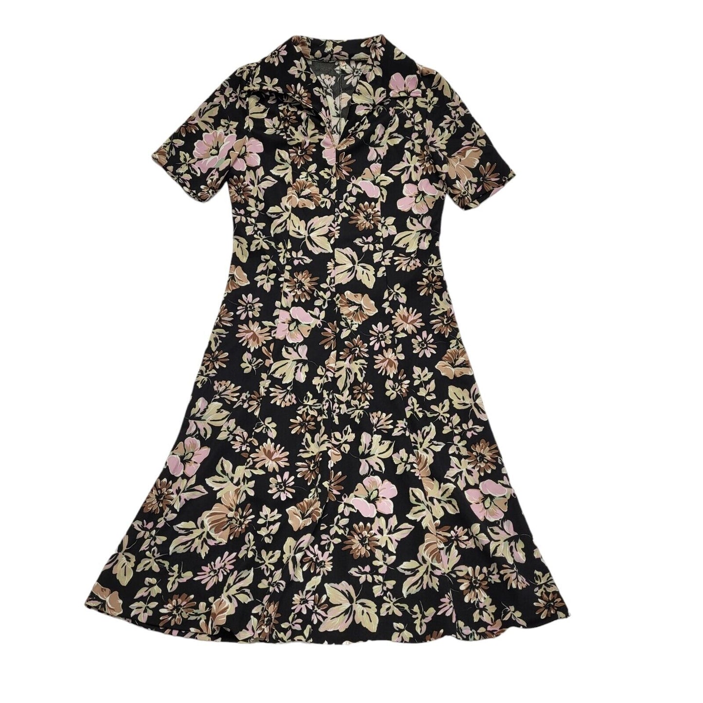 70s Vintage Black & Pink Floral V-Neck Daywear Dress Women's 12/14