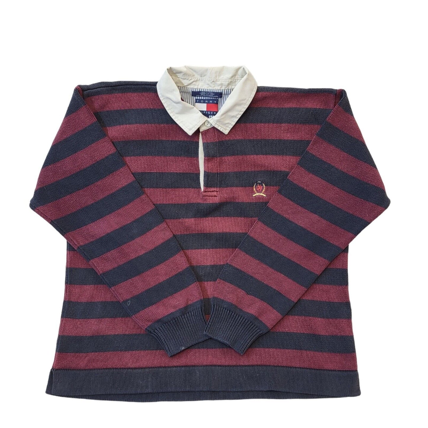 Tommy Hilfiger 90's Vintage Maroon & Black Stripe Collared Jumper Men's Size L