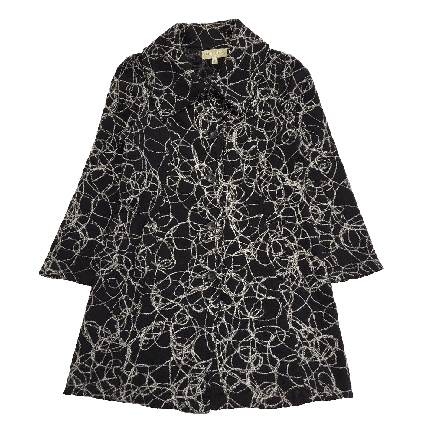 Edina Ronay Black Abstract Vintage 90s Button Rain Coat Women's Size L