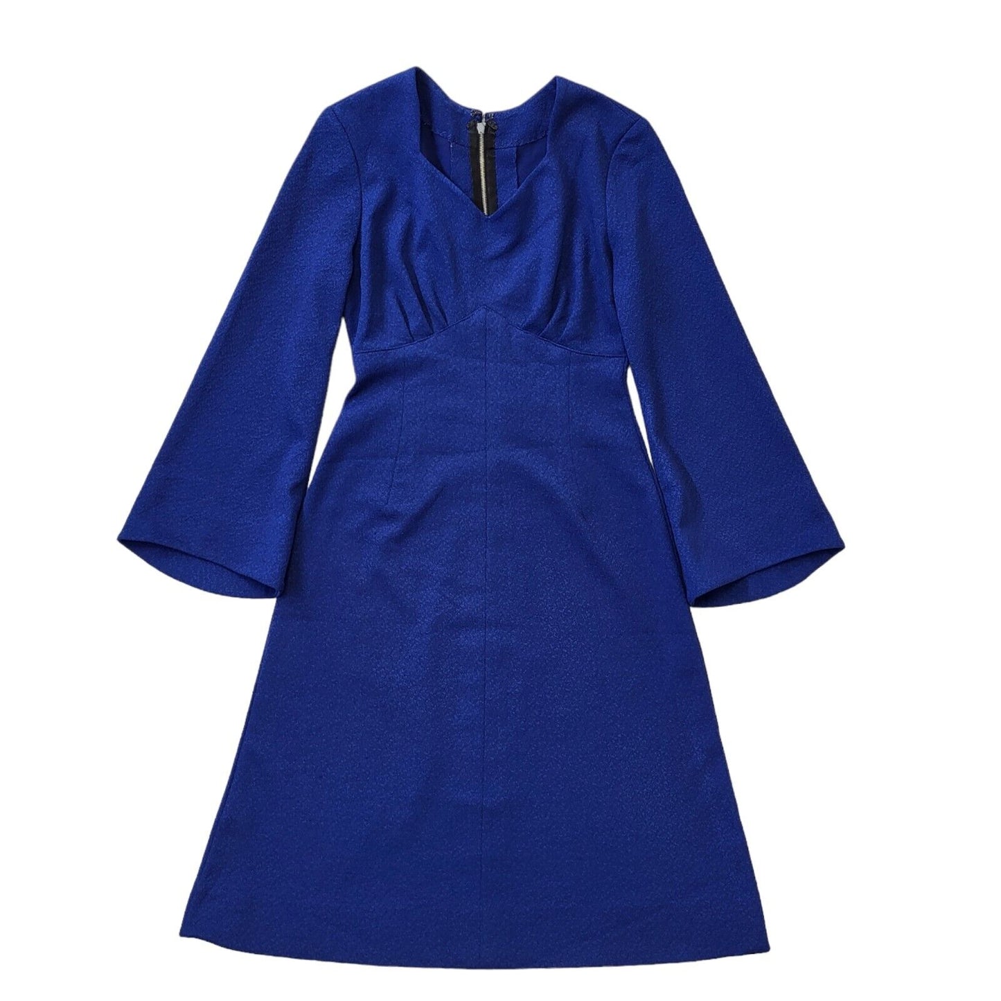 70s Vintage Blue Fit & Flare V-Neck Dress Women's Size 10