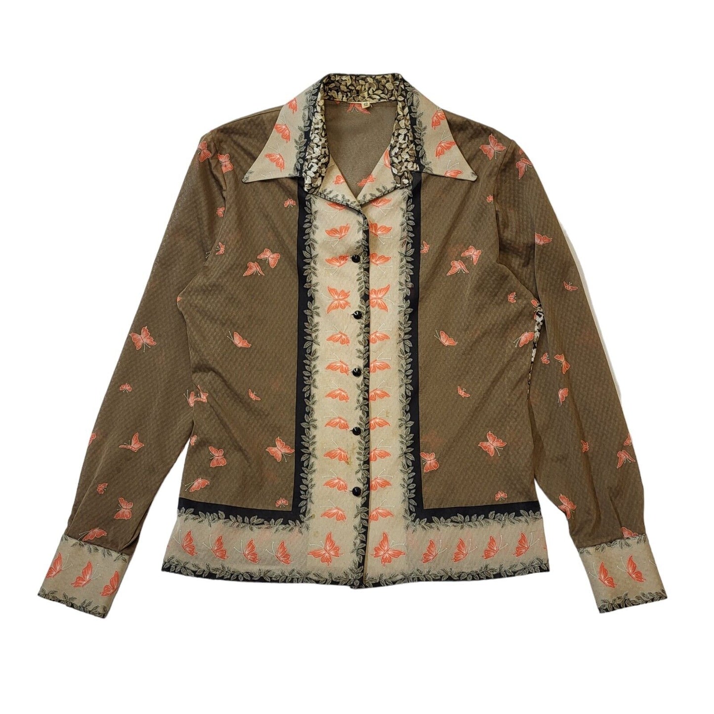 70s Vintage Brown & Tan Butterfly Blouse Women's Size 12