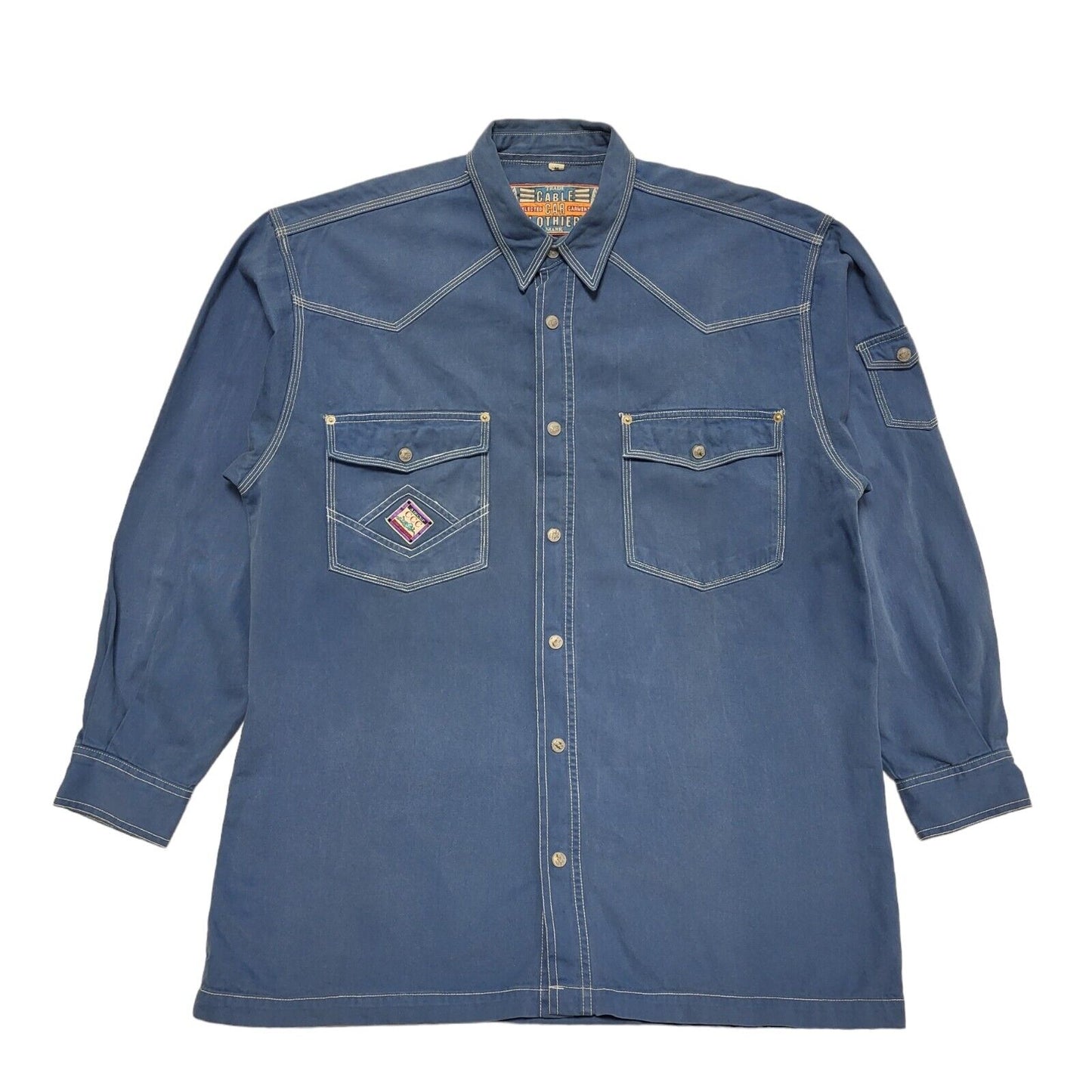 Cable Car 90s Vintage Blue Snap Fasten Shirt Uk Men's Size Medium