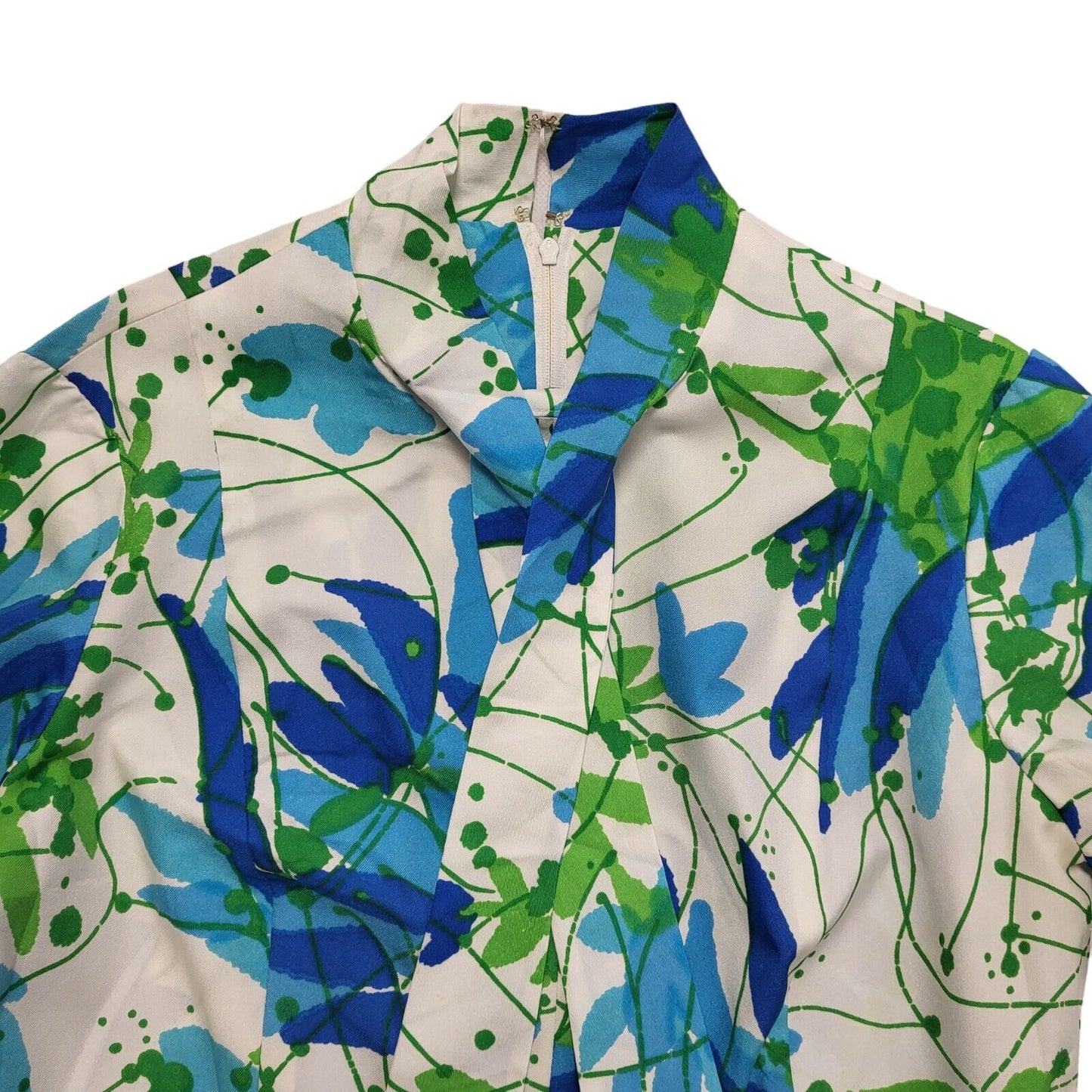70s Vintage Blue White Green Neck Bow Long Sleeve Fit & Flare Dress Women's 12