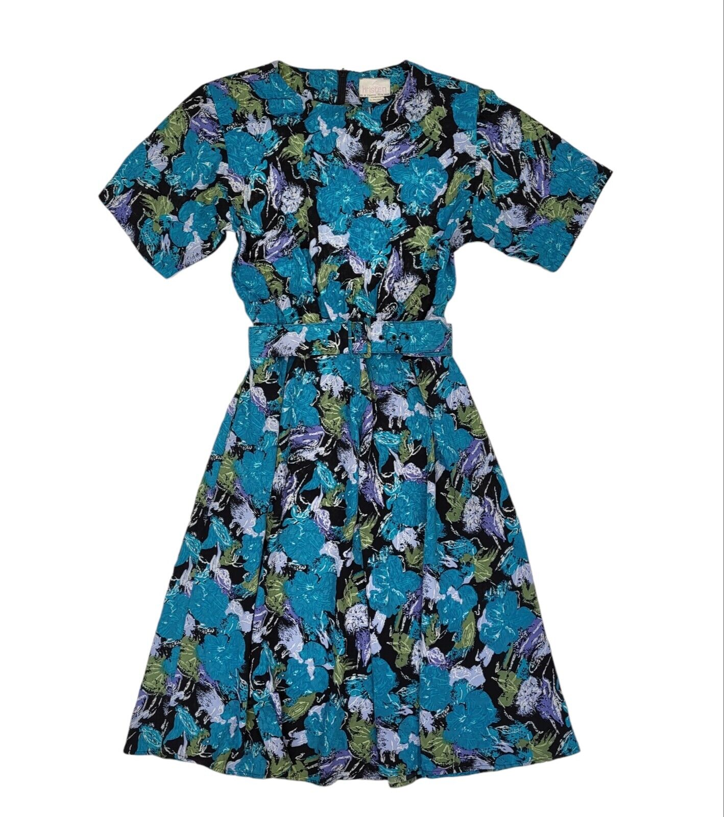80s Vintage Kristen Blue Floral Fit & Flare Belted Daywear Dress Women's 10