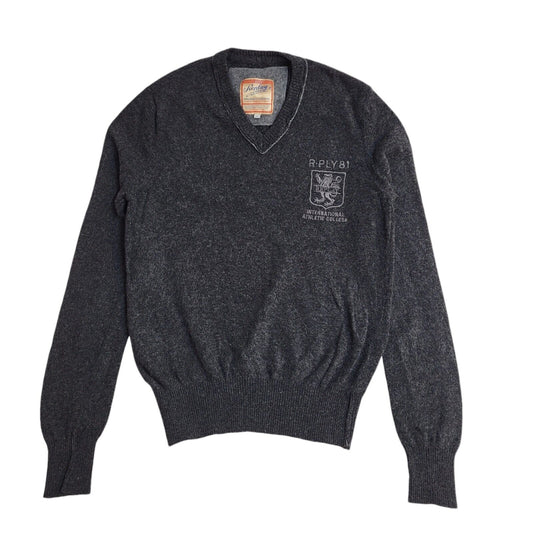 Replay Vintage 90's Dark Grey V-Neck Jumper UK Men's Size Small