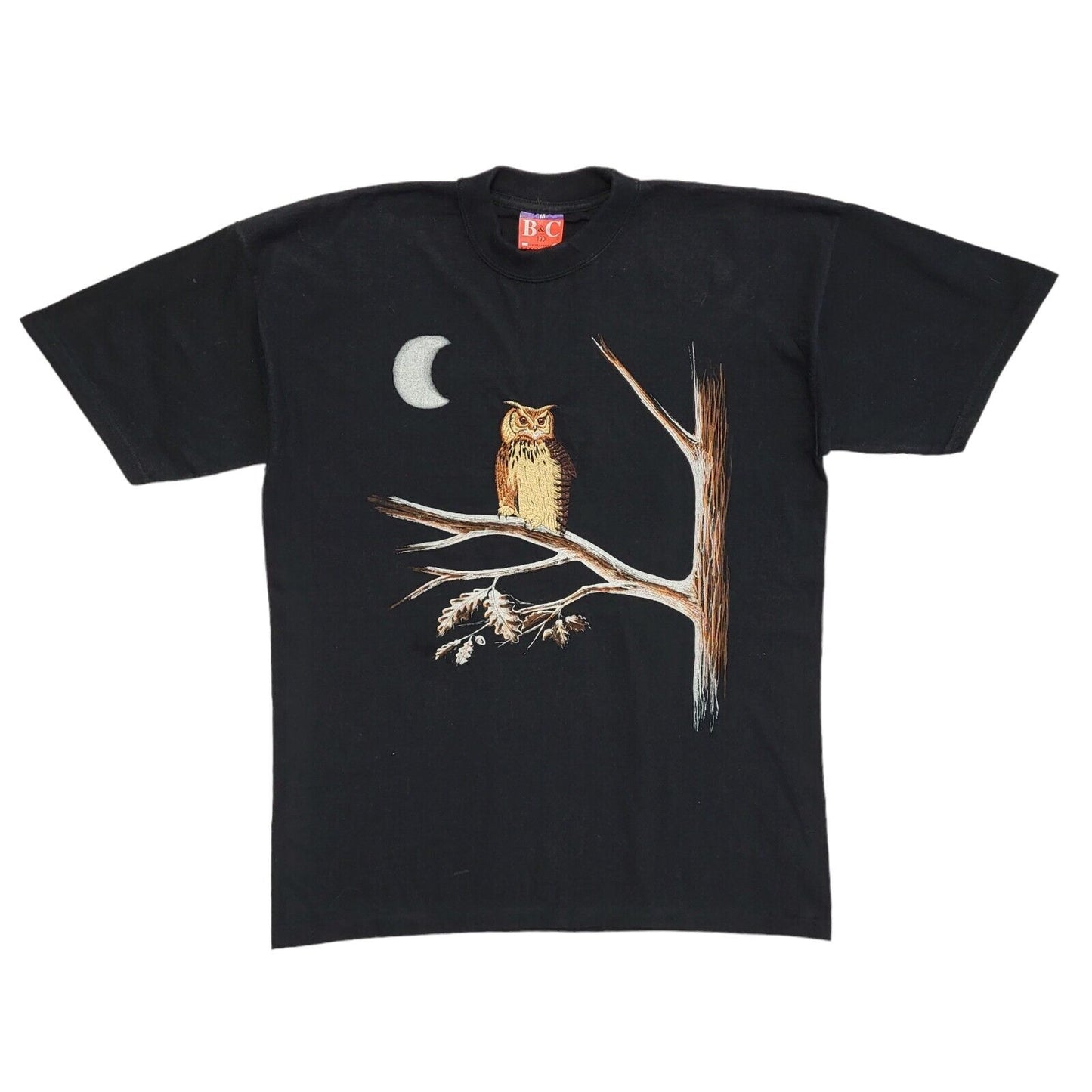 B&C Black Owl & Moon Vintage 90s T-Shirt Uk Men's Size Medium