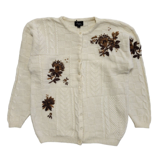 Jenny 80s Vintage Cream & Brown Button Cardigan Uk Women's Size Large