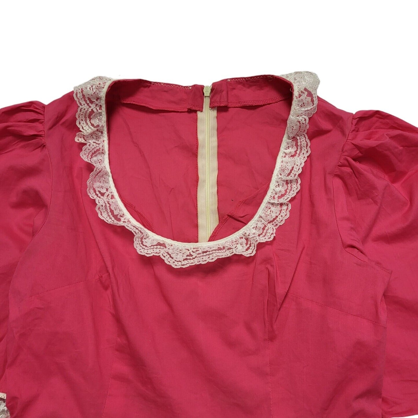 Vintage 80's Pink Prairie White Lace Trim Stretch Fit Summer Dress Womens UK 12