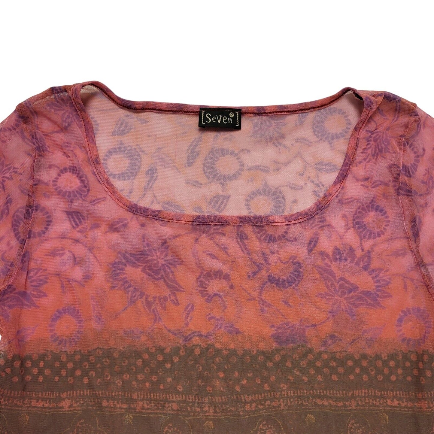 Seven Vintage 80's Pink & Green Sheer Floral Short Sleeve T-Shirt Womens UK 12