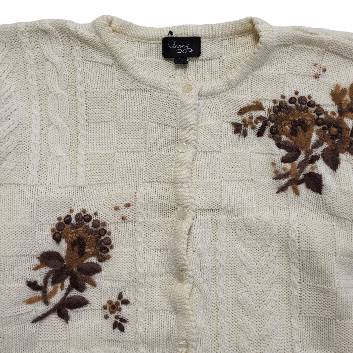 Jenny 80s Vintage Cream & Brown Button Cardigan Uk Women's Size Large