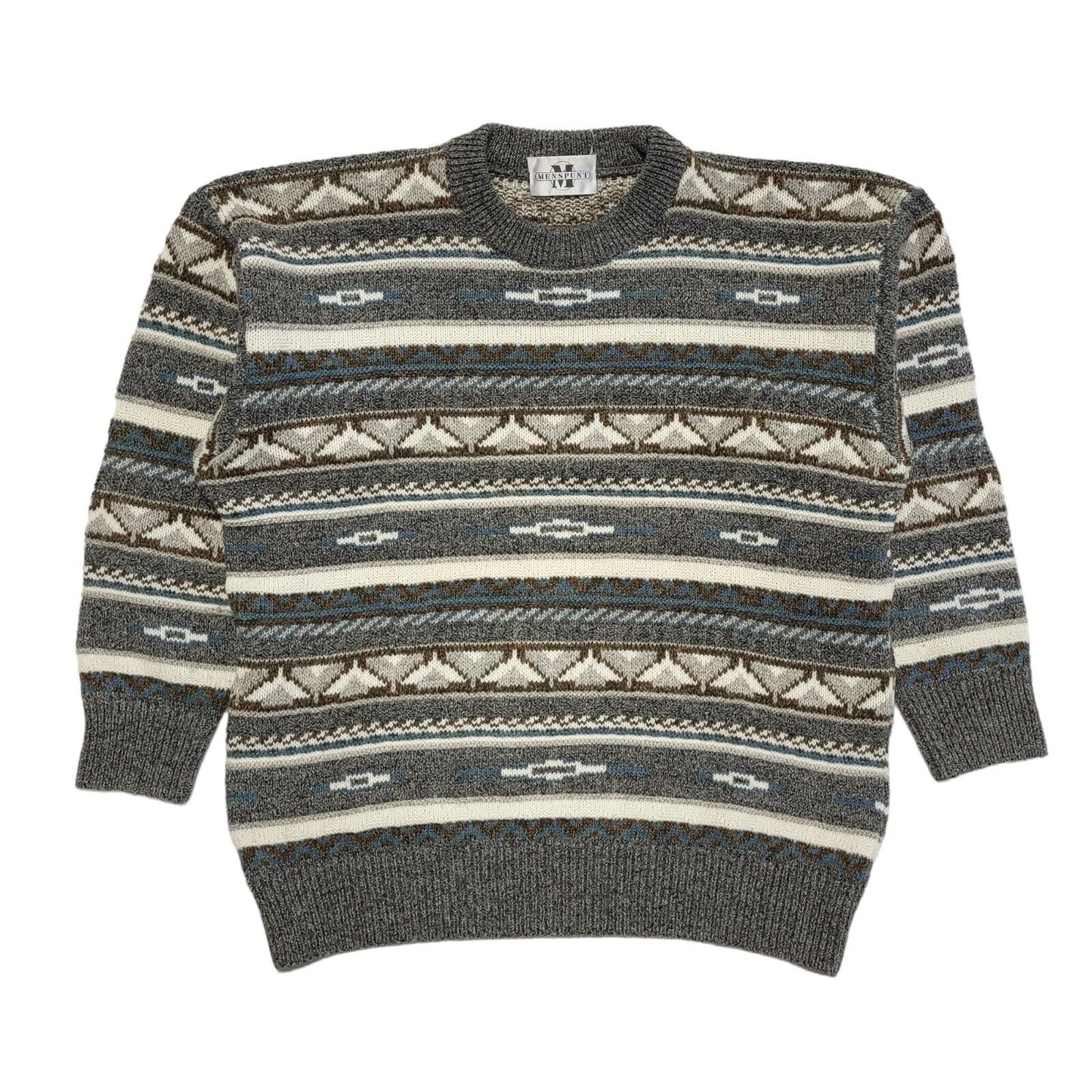 Menspunt Vintage 80s Grey Blue Geometric Crew Neck Jumper Men's UK L