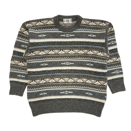 Menspunt Vintage 80s Grey Blue Geometric Crew Neck Jumper Men's UK L